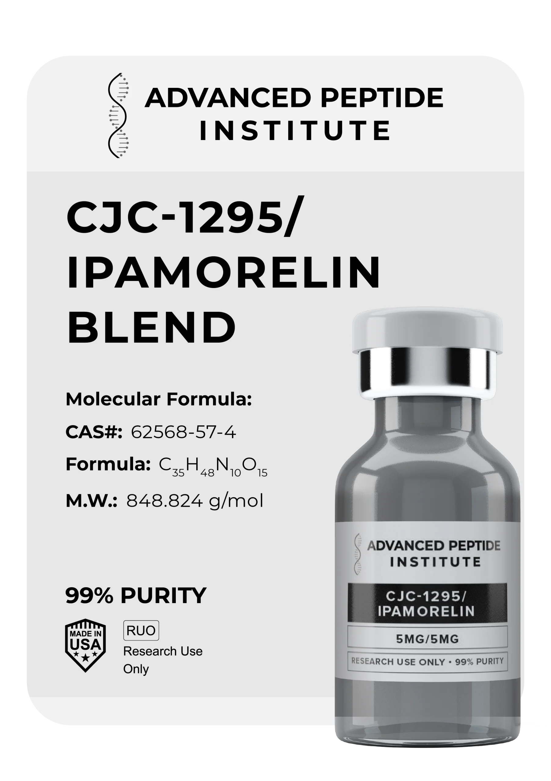 CJC-1295 / Ipamorelin 10mg/10mg research peptide vial — 99% purity, RUO — Advanced Peptide Institute
